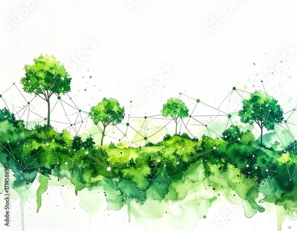 Obraz Watercolor green trees network connection illustration for background