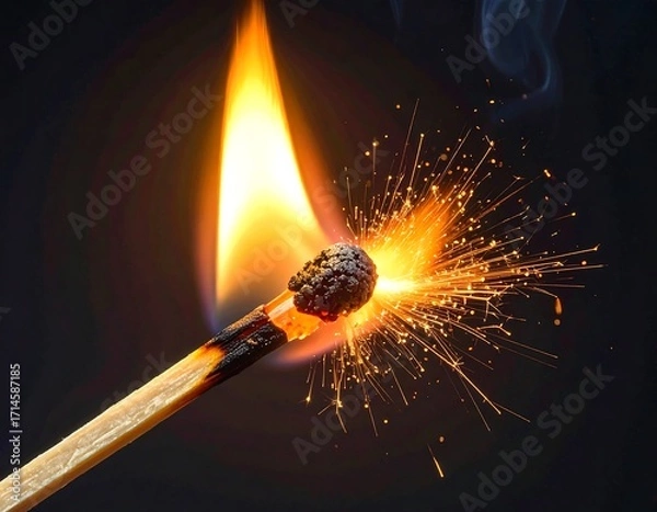 Fototapeta A close-up view of a match ablaze, showcasing vibrant flames and sparks erupting against a dark background.