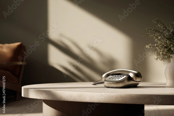 Fototapeta stylish office corner featuring sleek phone on modern coffee table creating productive atmosphere