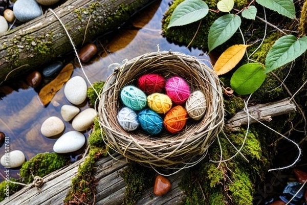 Fototapeta Colorful Yarn Balls in a Natural Setting with Rocks and Leaves 13