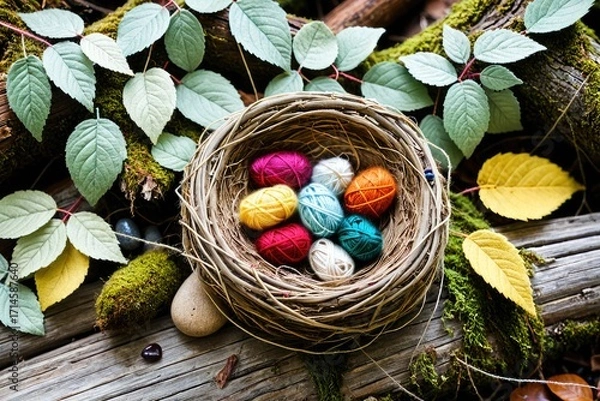 Fototapeta Colorful Yarn Balls in a Natural Setting with Rocks and Leaves 8