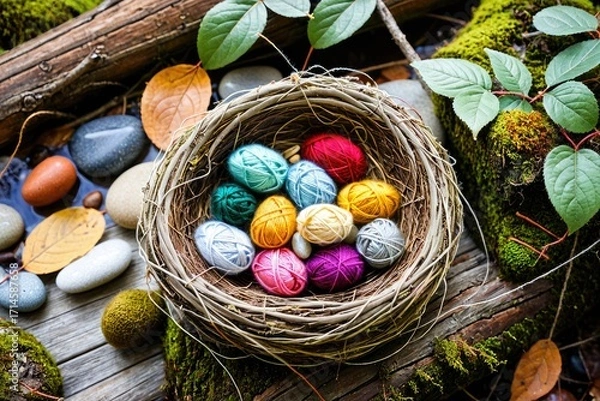 Fototapeta Colorful Yarn Balls in a Natural Setting with Rocks and Leaves 14