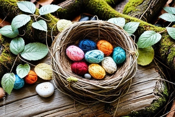 Fototapeta Colorful Yarn Balls in a Natural Setting with Rocks and Leaves 11
