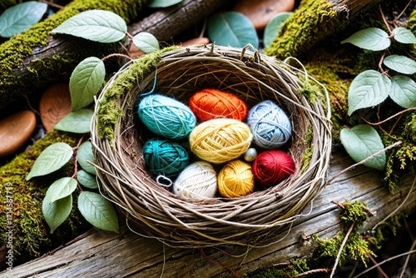 Fototapeta Colorful Yarn Balls in a Natural Setting with Rocks and Leaves 12