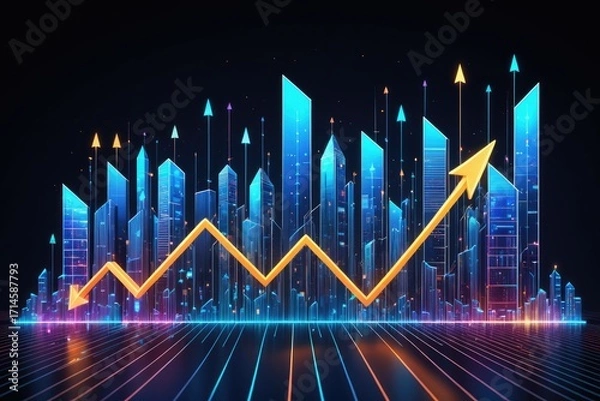 Fototapeta Futuristic City Skyline with Growth Chart Showing Bright Digital Arrow 4