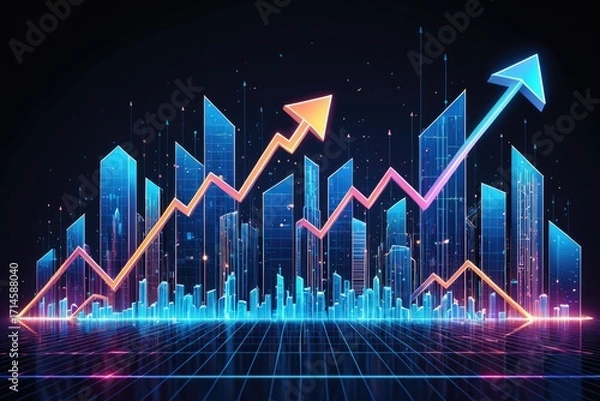 Fototapeta Futuristic City Skyline with Growth Chart Showing Bright Digital Arrows 2