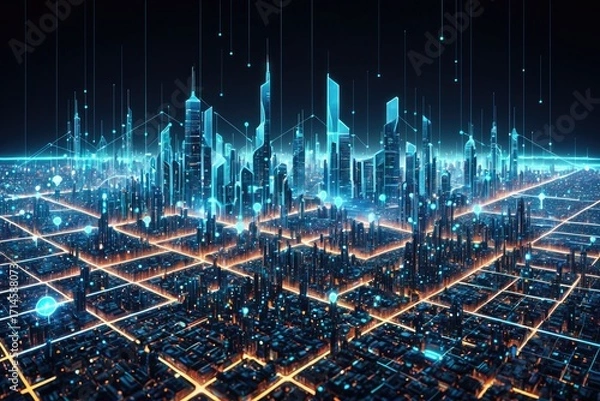 Fototapeta Futuristic Digital Cityscape with Glowing Network Connections at Night 4