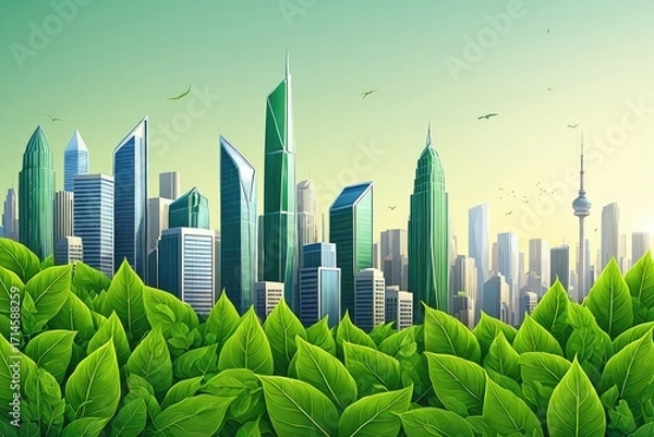 Fototapeta Sustainable Cityscape Surrounded by Lush Green Forest and Vibrant Foliage 2