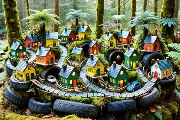 Fototapeta Charming Miniature Village with Vibrant Houses in a Forest Setting 1