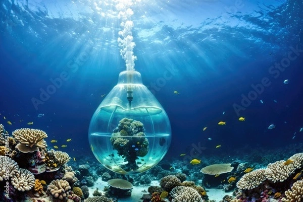 Fototapeta Underwater Scene of Coral Reef Ecosystem and Transparent Aquatic Sphere 9