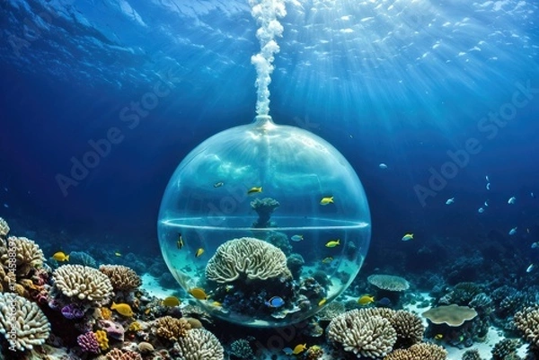 Fototapeta Underwater Scene of Coral Reef Ecosystem and Transparent Aquatic Sphere 8