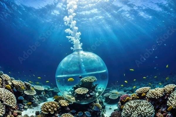 Fototapeta Underwater Scene of Coral Reef Ecosystem and Transparent Aquatic Sphere 7