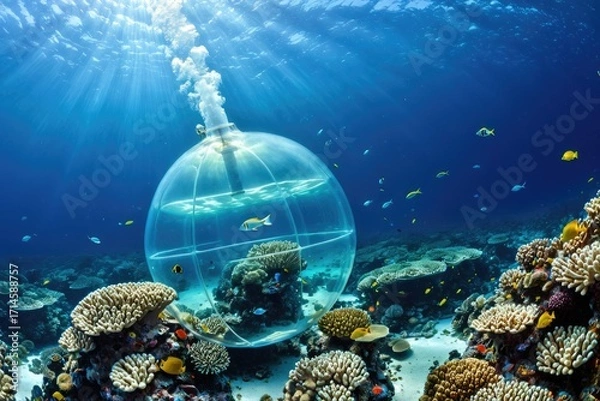 Fototapeta Underwater Scene of Coral Reef Ecosystem and Transparent Aquatic Sphere 6