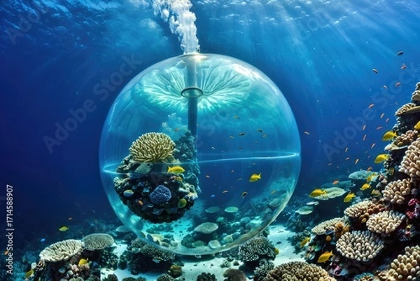 Fototapeta Underwater Scene of Coral Reef Ecosystem and Transparent Aquatic Sphere 5