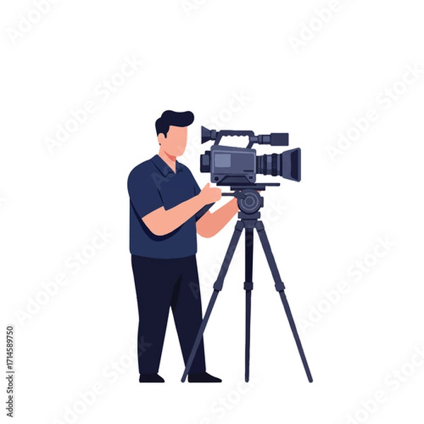 Fototapeta A professional cameraman operates a sophisticated video camera, depicted in a clean flat 2D vector illustration against a plain white background, ready for production.