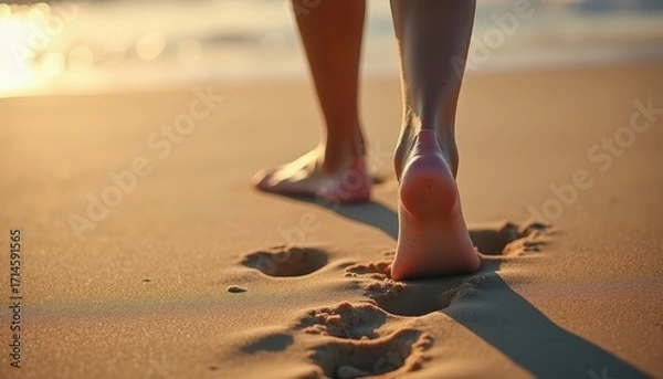 Fototapeta Serene Footsteps on Soft Sandy Beach at Sunset with Gentle Waves and Warm Glow Creating a Peaceful Atmosphere for Relaxation and Reflection