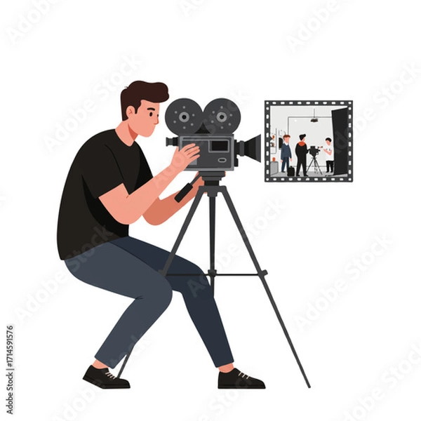 Fototapeta Flat 2D vector illustration of a professional cameraman filming a movie scene with a camera on a tripod, isolated on a white background, symbolizing media and film production.