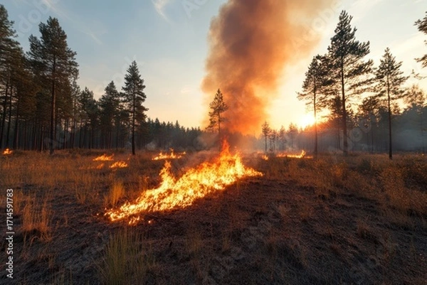 Fototapeta Wildfire consuming dry forest landscape