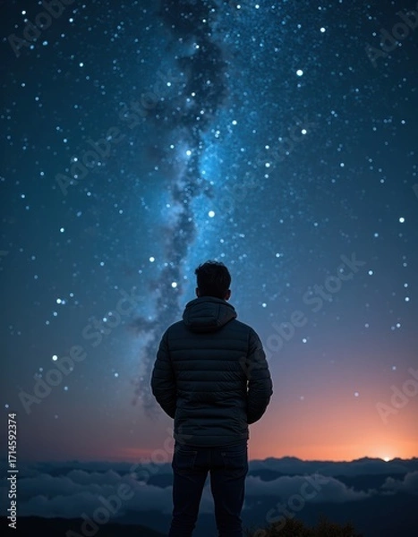 Fototapeta Breathtaking view of a person gazing at a starry sky with a magnificent milky way against a dark night backdrop and vibrant sunset in the background