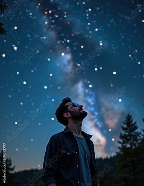 Fototapeta Man gazing at a star-filled sky with a breathtaking view of the Milky Way galaxy and twinkling stars in a serene night landscape