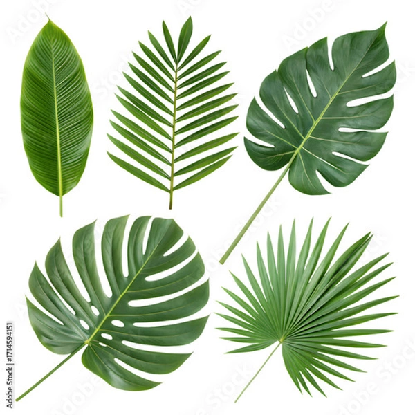 Obraz Assortment of lush green tropical leaves isolated on a transparent background.