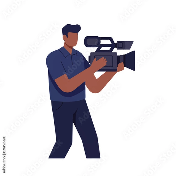 Fototapeta A professional cameraman operates a modern handheld video camera in a clean 2D flat vector illustration against a plain white background, ready for recording.