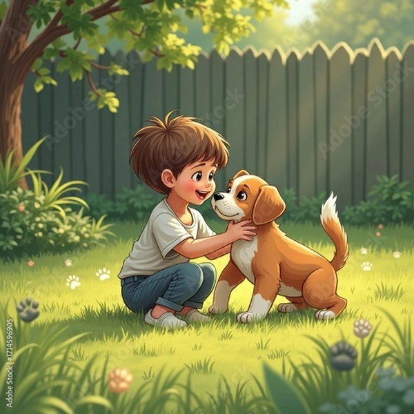 Fototapeta Joyful Child Playing with Adorable Puppy in Lush Green Backyard on a Sunny Day with Trees and Grass Surrounding Them