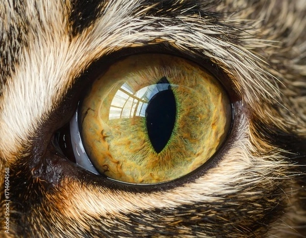 Fototapeta A close-up view of a cat's eye, showcasing intricate details of the iris and the surrounding fur.