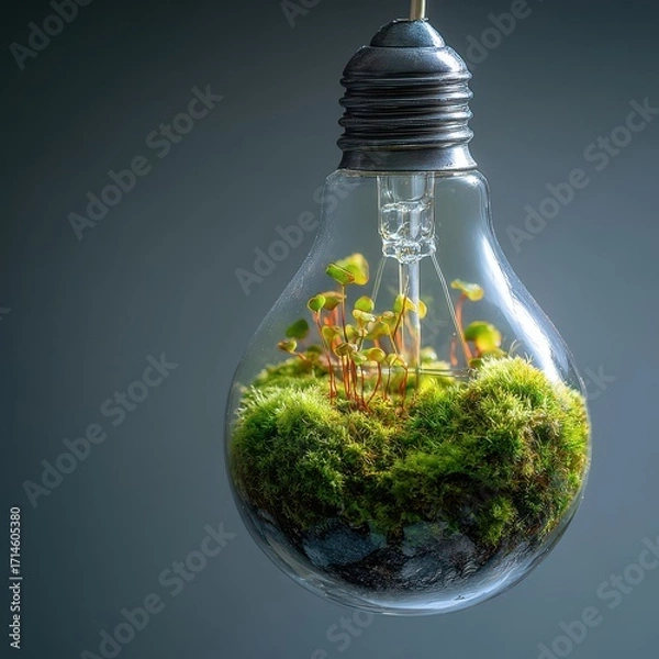 Fototapeta Illuminating Nature - Miniature Moss Ecosystem Thriving Inside a Vintage Lightbulb.