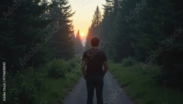 Fototapeta Solitary Figure Walking on a Gravel Path Surrounded by Lush Green Trees at Sunset with Warm Colors and Gentle Light in the Forest