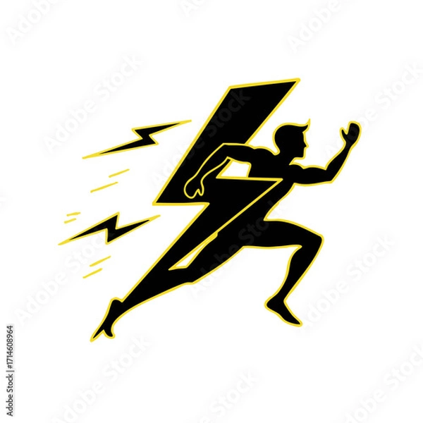 Fototapeta A black silhouette of a runner with yellow lightning bolts on a black background in a logo style