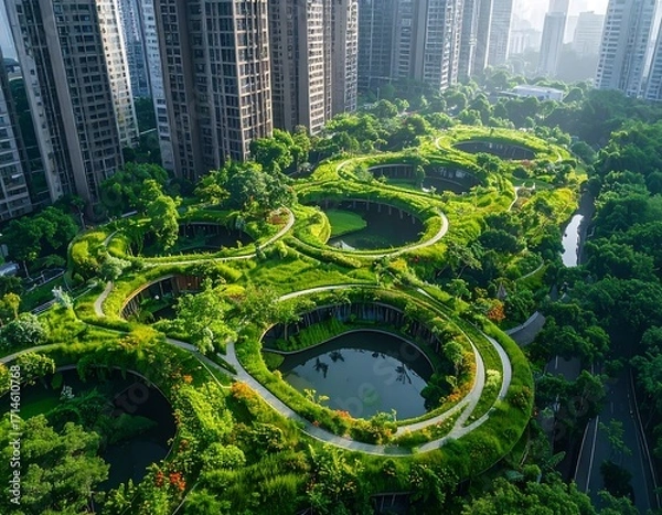 Fototapeta Lush, interconnected green spaces form a vibrant urban oasis amid towering city structures.