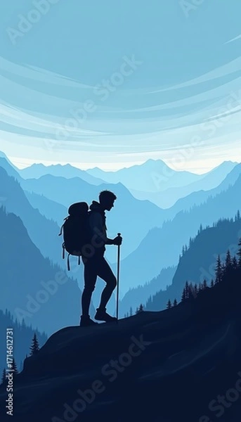 Fototapeta Silhouette of a Hiker Against a Background of Mountains and Blue Sky During Sunrise in a Scenic Outdoor Landscape Adventure