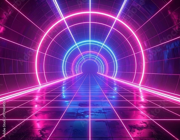 Fototapeta Neon tunnel with grid floor