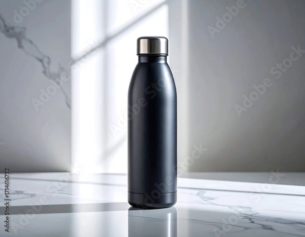 Obraz Minimalistic Stainless Steel Bottle on Modern Marble Counter With Plants