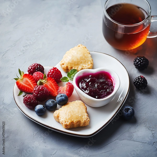 Fototapeta A clear glass mug filled with tea and a heart-shaped platter is filled with a variety of fresh berries, pastries and a bowl of berry jam.