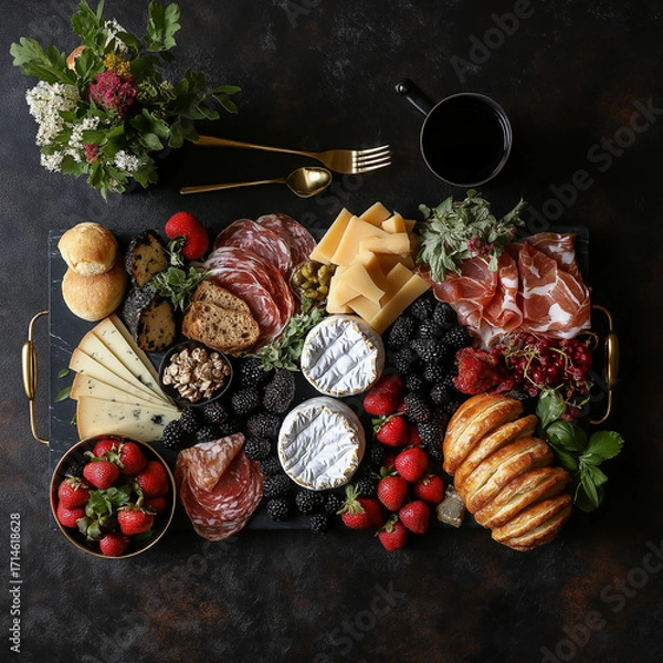 Fototapeta A luxurious, top-down view of a gourmet charcuterie board filled with a rich assortment of cheeses, meats, and fresh fruits on a dark, textured surface.