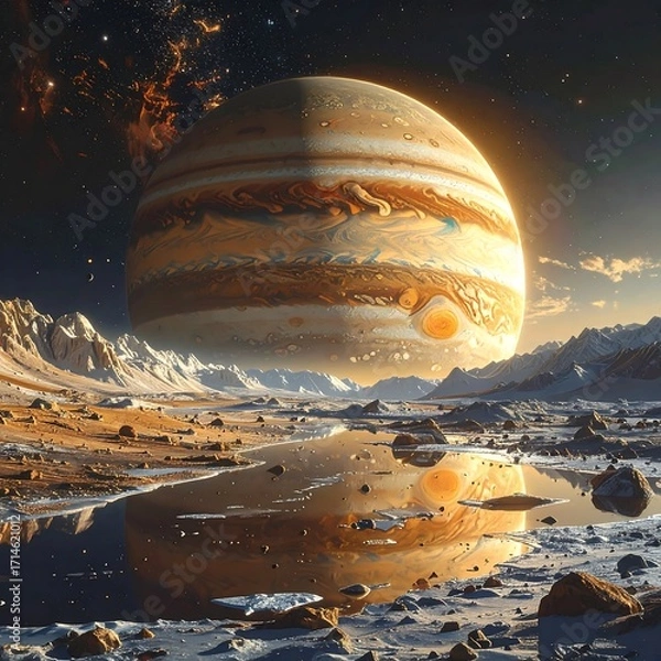 Fototapeta A breathtaking vista of a frozen alien landscape, featuring a magnificent planet reflecting on a serene icy lake, bathed in warm, golden light.