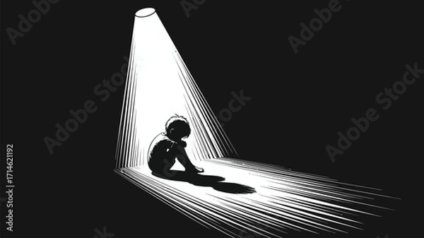 Fototapeta Lonely child sits in darkness, a single ray of hope shines down, isolated and vulnerable illustration
