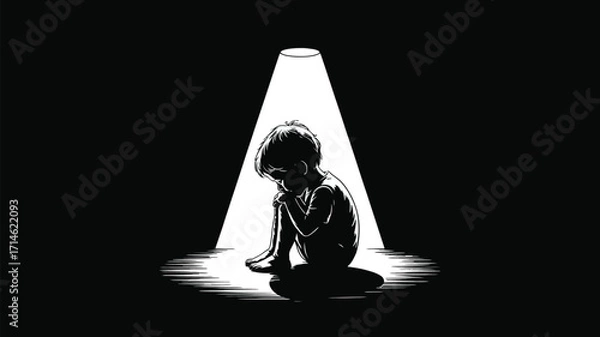 Fototapeta Vulnerable child sits alone in spotlight highlighting themes of sadness, loneliness, and isolation