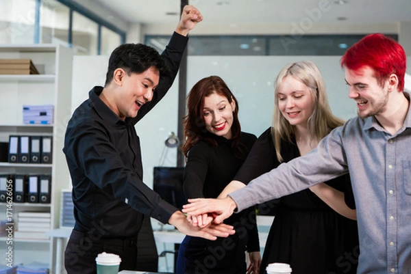 Fototapeta Diverse business team collaborates in modern office, discussing charts, data, strategies. Their professional teamwork reflects communication, leadership, success, productive, innovation cooperation.