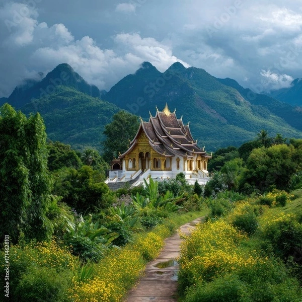 Obraz Temple nestled in lush valley, mountains backdrop