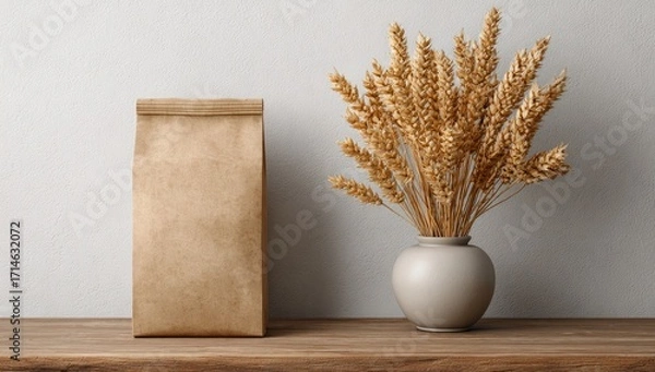 Fototapeta Light brown paper bag on wooden surface with wheat stalks