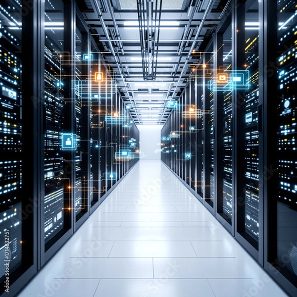 Fototapeta Server racks with holographic edge devices interconnected, modern data technology