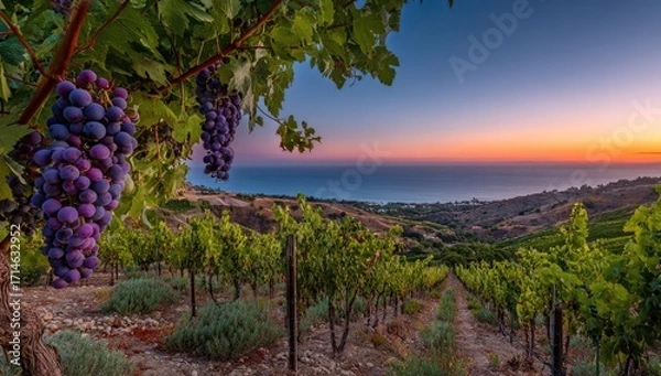 Obraz Lush vineyard at sunset over ocean