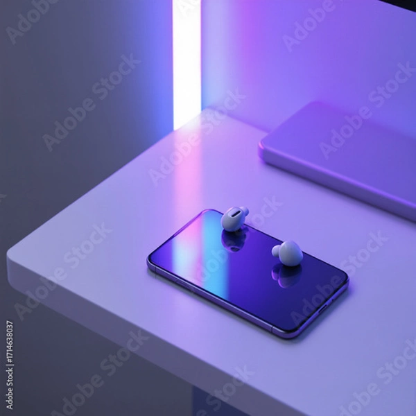 Fototapeta Top-down shot of sleek smartphone and wireless earbuds on clean minimal desk with neo