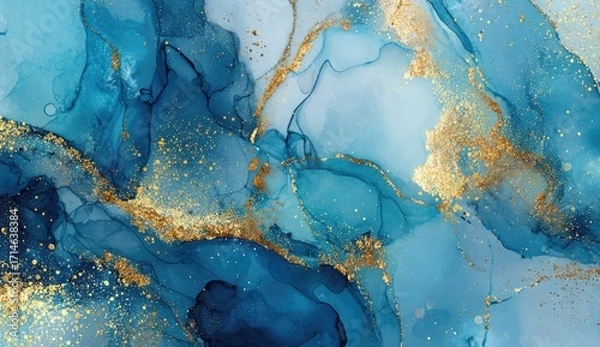 Fototapeta Abstract fluid art with blues, gold, and white