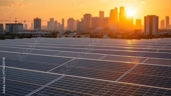 Fototapeta Modern solar panels reflecting golden sunlight with a city skyline softly in the background.