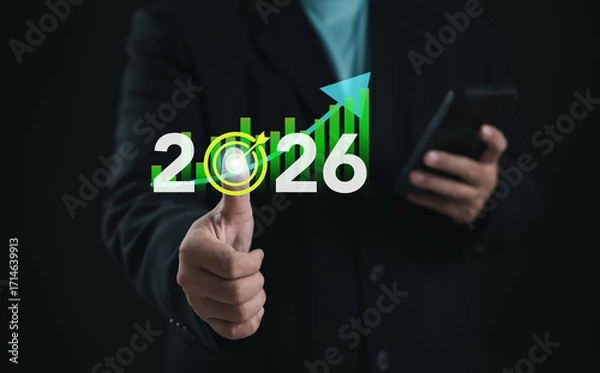 Fototapeta Businessman showing growth chart with year 2026, symbolizing success, target achievement, financial planning, investment, and corporate vision for future progress.