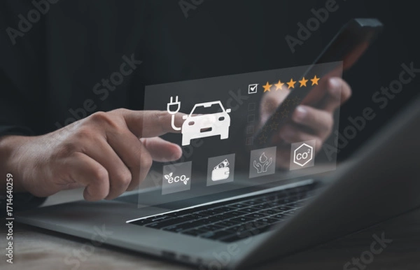Fototapeta Hand pointing at electric car icon with five star rating, eco energy, and CO2 reduction symbols on digital interface. Concept of sustainable transportation, clean technology, and green innovation.